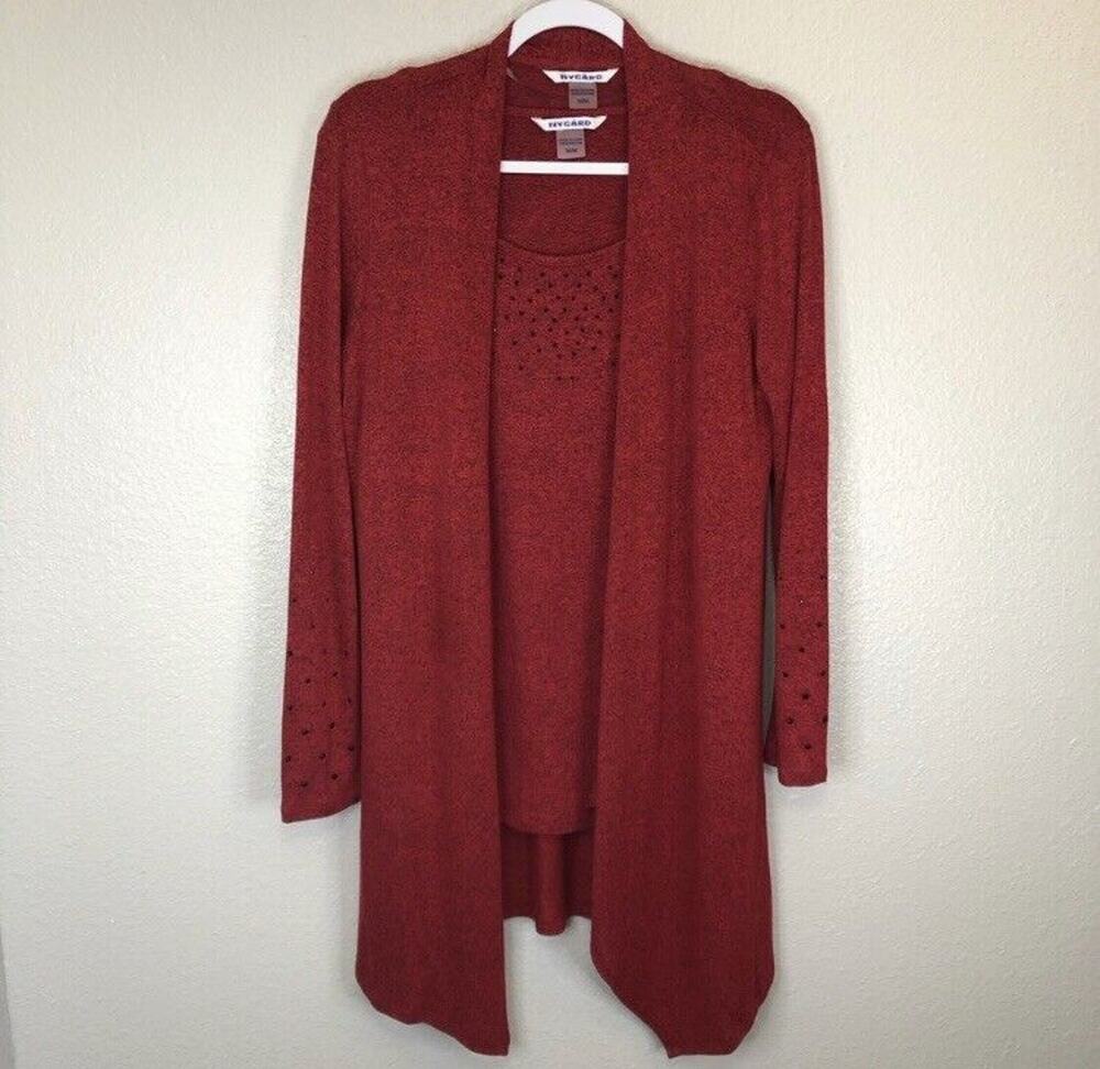 Nygard Size Medium Matching Red Long Sleeve Cardigan Shirt Blouse Top Set